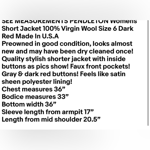 PENDLETON Womens Short Jacket 100% Virgin Wool Size 6 Dark Red Made In U.S.A - Picture 16 of 16